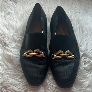 Tory Burch Black Leather Loafers with Gold Chain